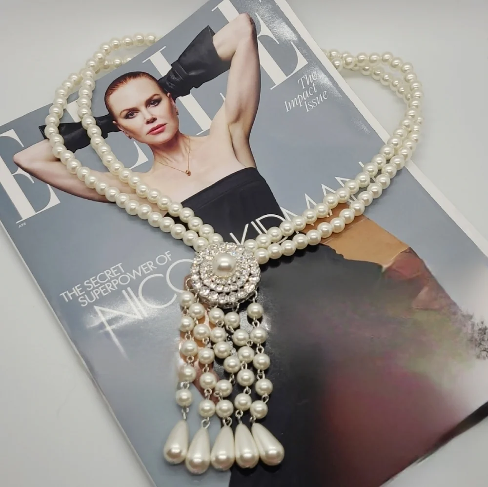 NWT Pearl Crystal Tassel Art Deco Silver Necklace & Earrings Set